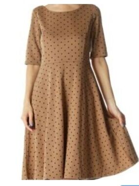 Lands' End Brown Polka Dot Fit-and-Flare herringbone pinup shift Midi Dress Sz 3